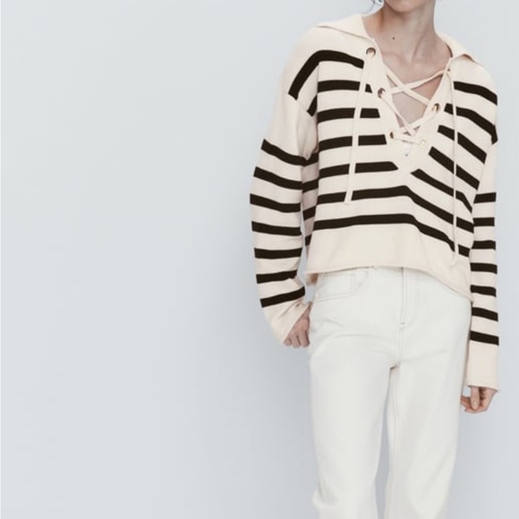NWT Zara Striped Sweater with Lace Up Neckline - Picture 8 of 9